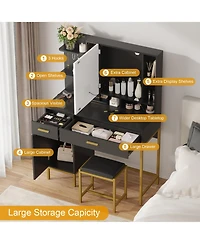 homfan Makeup Vanity with Led Lights, Modern Dressing Set with Cushioned Stool, 3 Lighting Modes 2 Drawers, Open Shelves, Cabinet and Charging Station