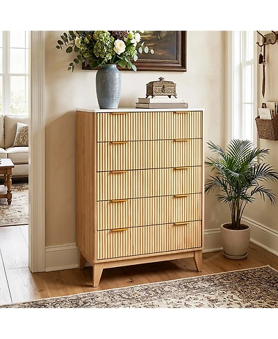 gaomon Fluted 5 Drawer Dresser for Bedroom, Modern Wood Chest of Drawers with Curved Grooved Front and Handles