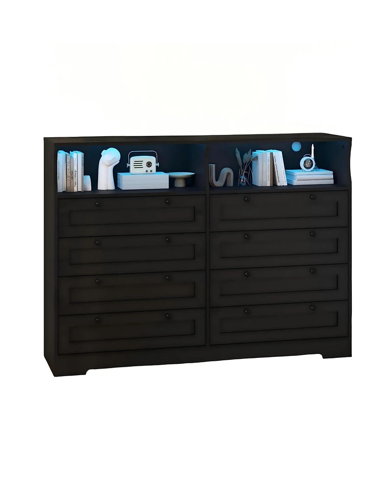 gaomon 8 Drawer Wooden Dresser Led Charge Open Shelf Farmhouse Tv Stand Fits 55 Inch