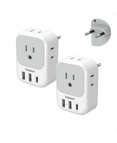 Tessan 2 Pack 4 Outlets 3 Usb Ports European Type C Adapter Compatible with North American Plugs