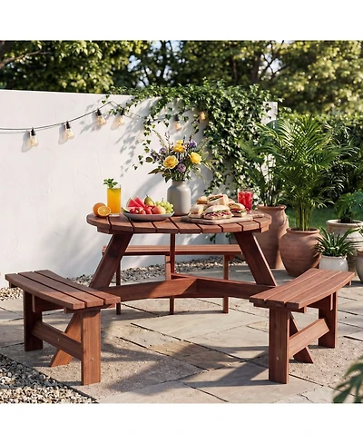 homfan 6 Person Wooden Outdoor Picnic Table with 3 Built-in Benches, Circular Dining and Chairs Set Umbrella Hole for Garden