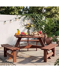 homfan 6 Person Wooden Outdoor Picnic Table with 3 Built-in Benches, Circular Dining and Chairs Set Umbrella Hole for Garden