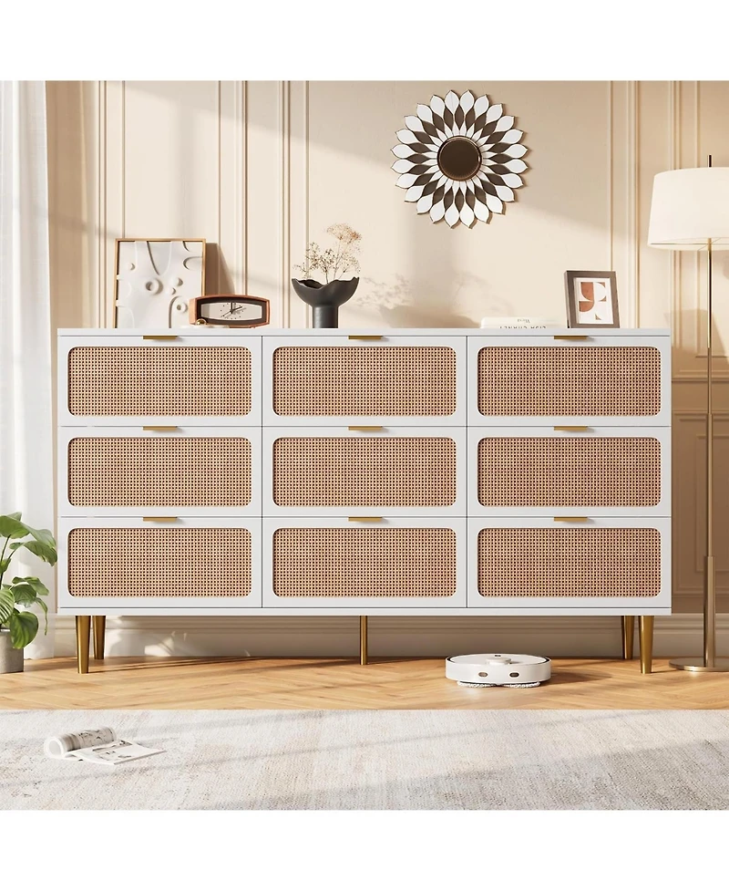 gaomon Rattan 9 Drawer Dressers for Bedroom, Tall Dresser with Deep Drawers, Large Chest of Drawers for Closet with Wide Top, Long Wooden Dresser