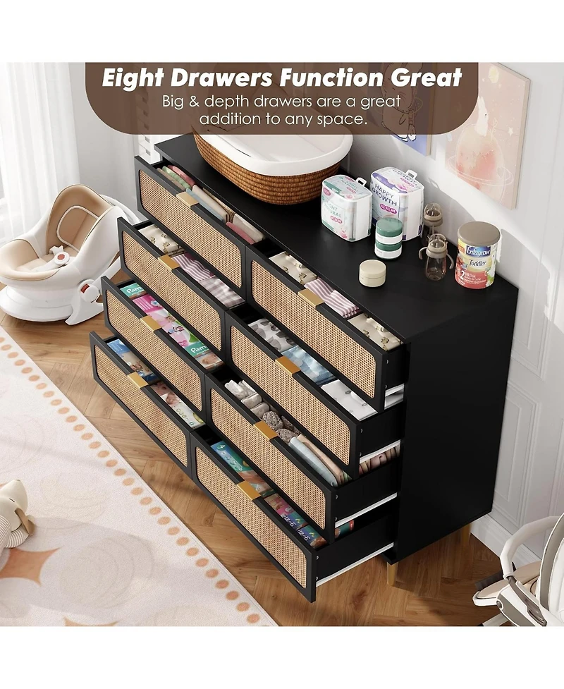 gaomon Rattan 8 Drawer Dressers for Bedroom, Tall Dresser with Deep Drawers, Large Chest of Drawers Closet Wide Top, Long Wooden