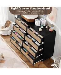 gaomon Rattan 8 Drawer Dressers for Bedroom, Tall Dresser with Deep Drawers, Large Chest of Drawers Closet Wide Top, Long Wooden