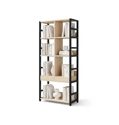 gaomon 5 Tier Bookshelf with Doors - 71.1" Industrial Display Standing Shelf Rack with Shelves and Metal Frame for Living Room, Office