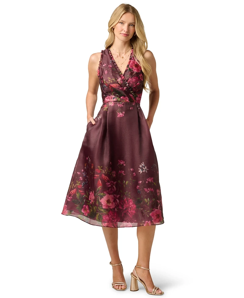 Adrianna Papell Women's V-Neck Printed Organza Midi Dress