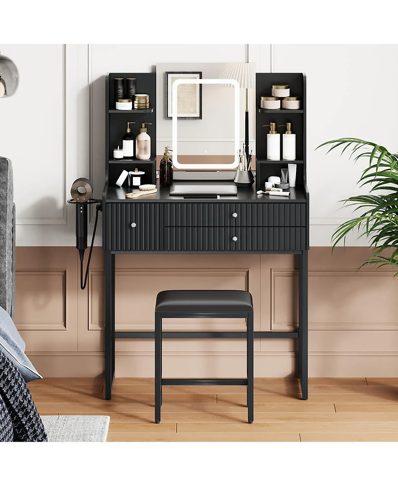 gaomon Wood Makeup Vanity Table with Lighted Mirror and Stool Set, Small Dressing Desk 3 Drawers 4 Storage Shelves, Modern Bedroom Set