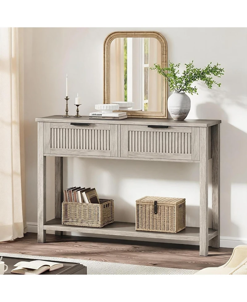 gaomon Entryway Table with 2 Drawers, Farmhouse 43 Inch Wood Fluted Console Table with Shelf, 2 Tier Sofa Table with Storage for Living Room