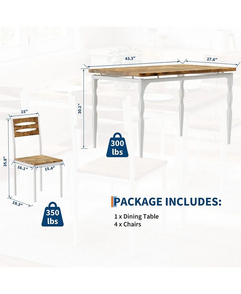 homfan Dining Table Set of 5, Wooden Kitchen with Spiral Metal Legs and Cushioned Chairs
