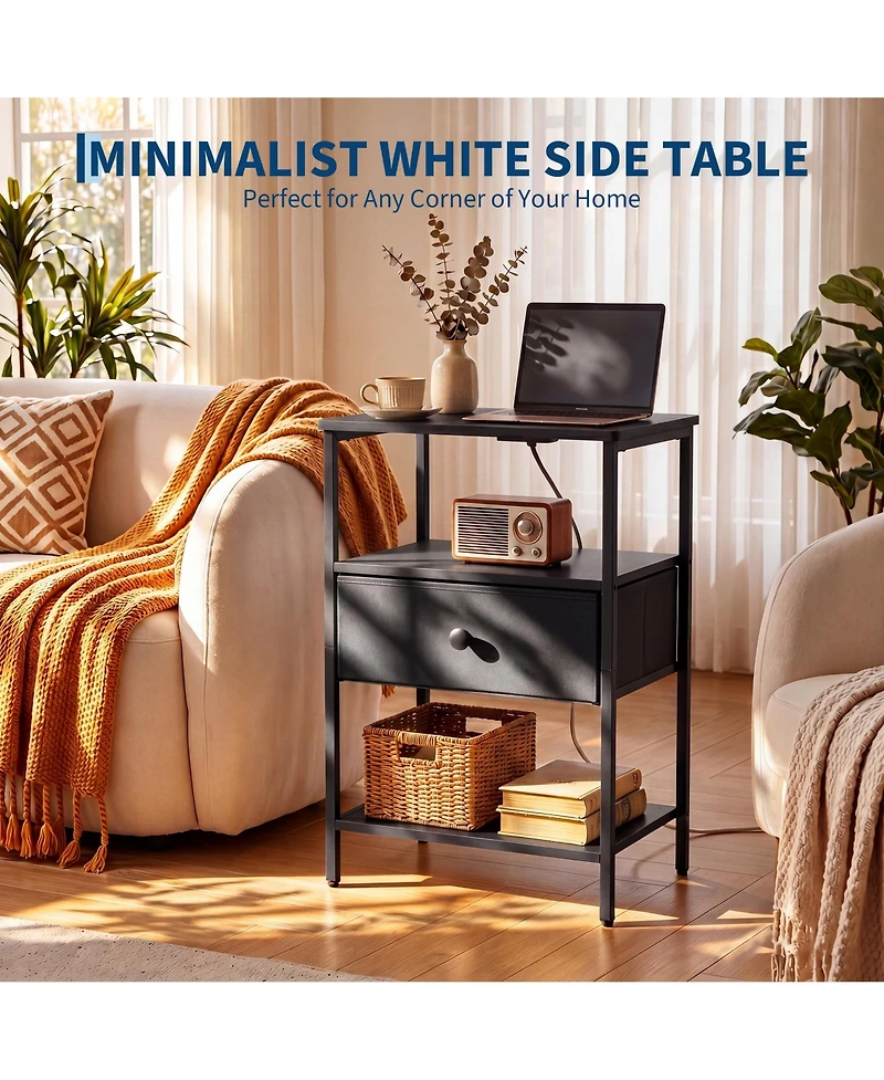 gaomon Nightstand with Charging Station, 3-Tier Open Storage Side Table Fabric Drawer, Sturdy Metal Frame End