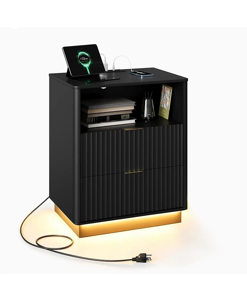 gaomon Fluted Nightstand with Charging Station, Wooden Night Stand Led Light