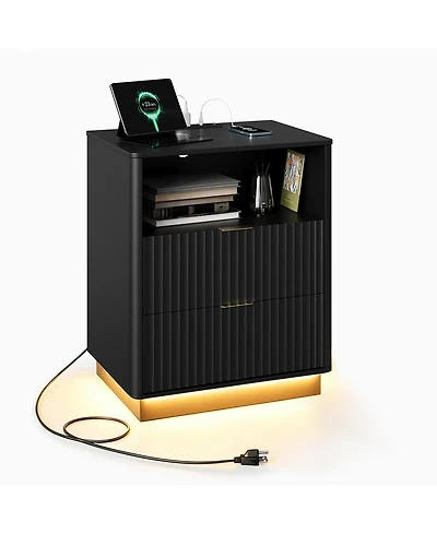 gaomon Fluted Nightstand with Charging Station, Wooden Night Stand Led Light