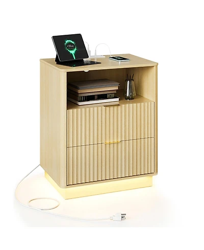 gaomon Fluted Nightstand with Charging Station, Wooden Night Stand with Led Light, Modern Mid Century Bedside End Table with 2 Drawers