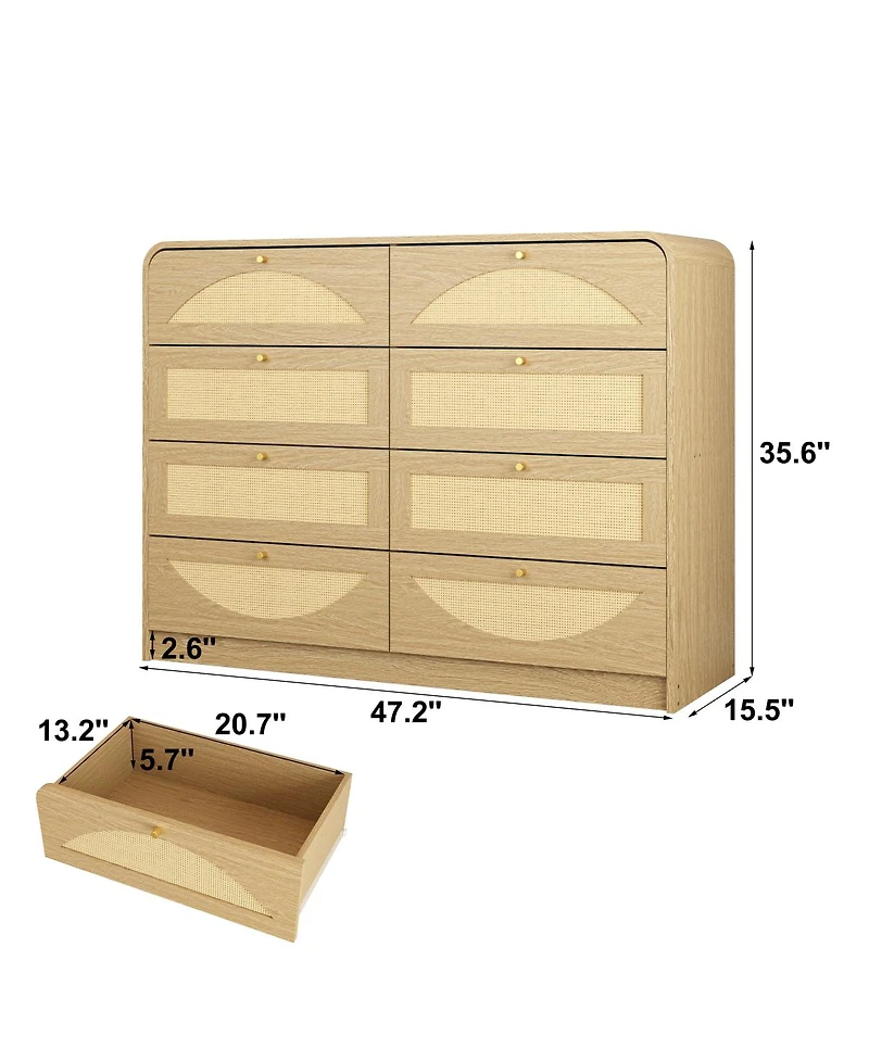 Streamdale Furniture 8-Drawer Rattan Front Dresser, Natural Wood Storage Chest