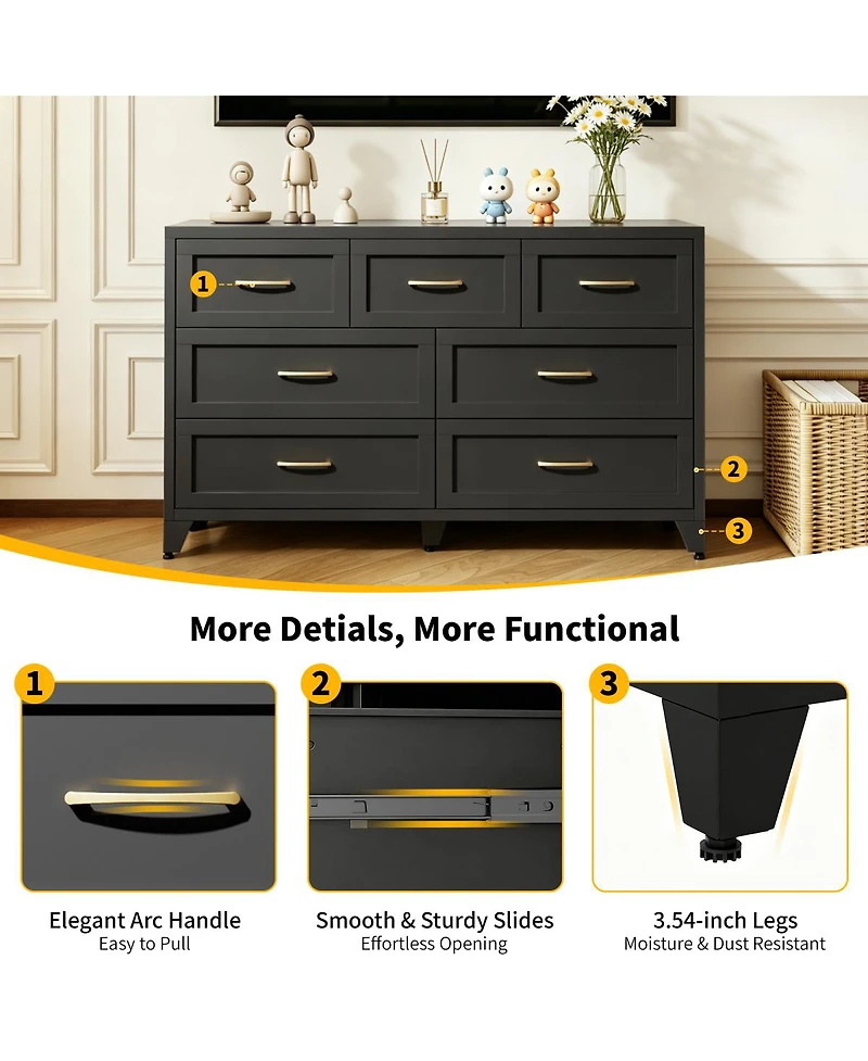 Streamdale Furniture 7-Drawer Wide Metal Storage Dresser for Bedroom and Living Room