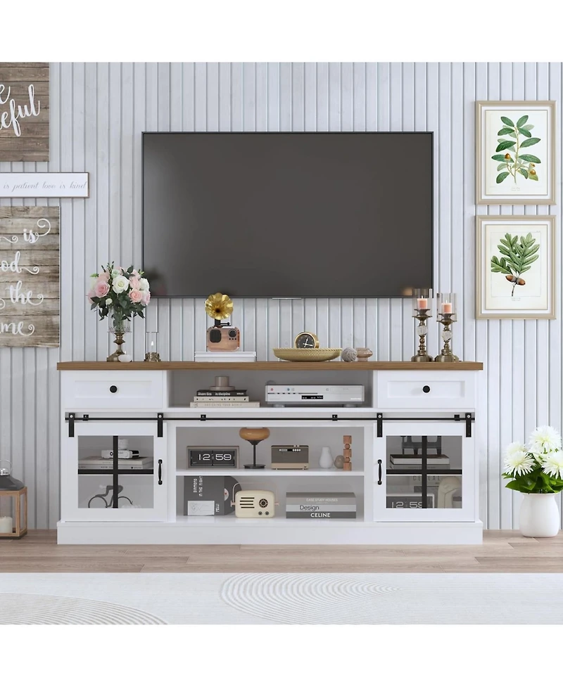 gaomon Farmhouse Tv Stand for 75 Inch TVs Entertainment Center, Storage Drawers, Adjustable Shelves, Barn Doors, Led Lights, Media Console