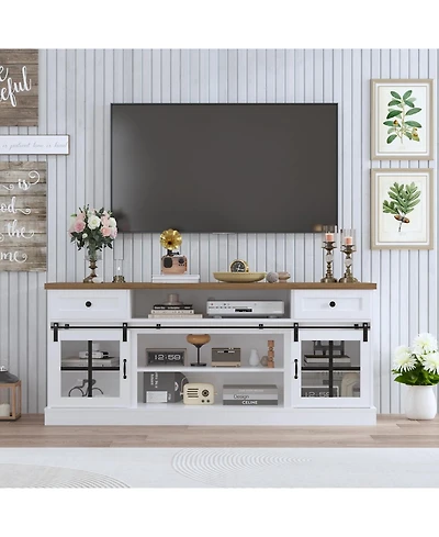 gaomon Farmhouse Tv Stand for 75 Inch TVs Entertainment Center, Storage Drawers, Adjustable Shelves, Barn Doors, Led Lights, Media Console