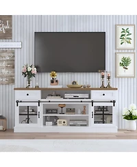 gaomon Farmhouse Tv Stand for 75 Inch TVs Entertainment Center, Storage Drawers, Adjustable Shelves, Barn Doors, Led Lights, Media Console