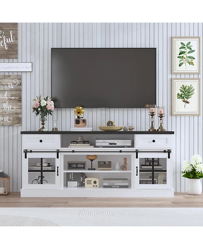 gaomon Farmhouse Tv Stand for 75 Inch TVs Entertainment Center, Storage Drawers, Adjustable Shelves, Barn Doors, Led Lights, Media Console