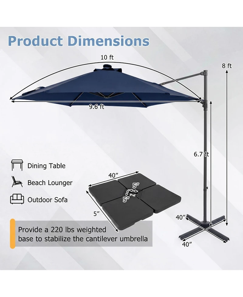 Gouun 10 Ft Patio Cantilever Umbrella with Foot Pedal and Solar Led Lights