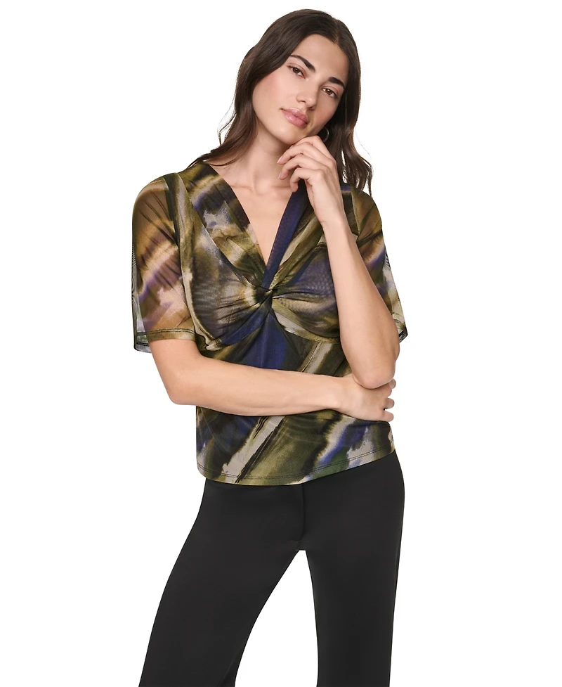 Dkny Women's Printed Mesh Twist-Front V-Neck Top