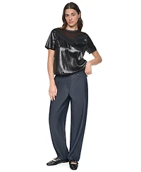 Dkny Women's Chain Neck Short-Sleeve Mixed Media Top