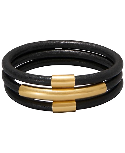 Donna Karan New York 3-Piece Black Leather Gold-Tone Bangle Set