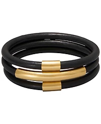 Donna Karan New York 3-Piece Black Leather Gold-Tone Bangle Set
