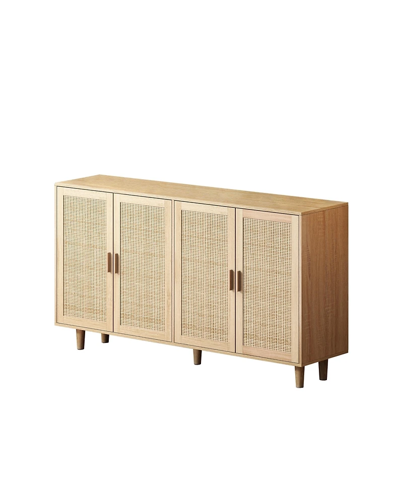 flynama 62.2 Inch Natural Rattan Four-Door Storage Cabinet Particle Board Solid Wood Leg Adjustable Shelf Household Sideboard Cabinet