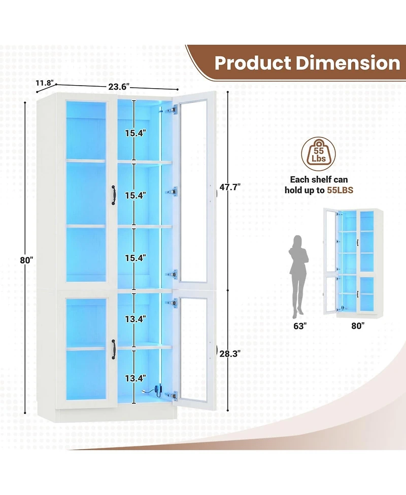 5-Tier Tall Display Cabinet with Glass Doors, 80" Bookcase with Led Light