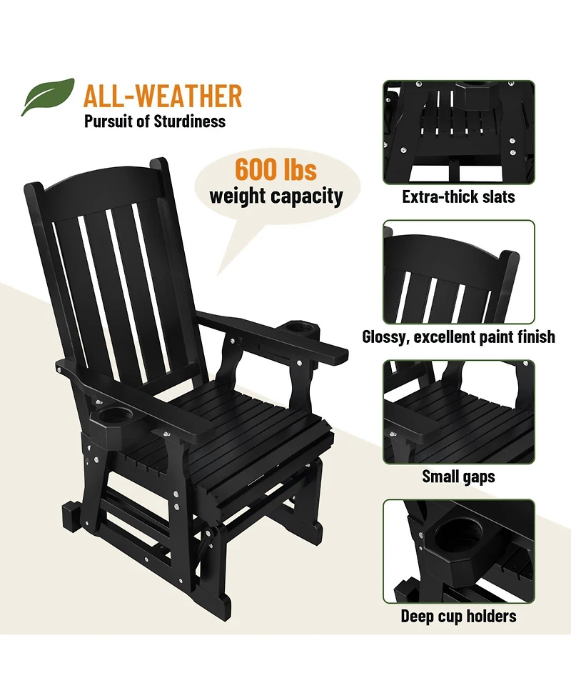 Wooden Patio Glider for One Person, with High Back and Deep Contoured Seat, Solid Fir Wood, Heavy Duty 600 Lbs (Deep Brown, 1-Seater)
