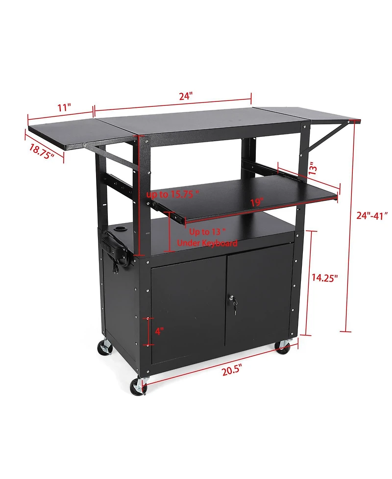 homfan Adjustable Rolling Av Cart with Locking Cabinet,Multipurpose Steel Construction,Pullout Keyboard Tray,Power Strip,Extra Storage Space
