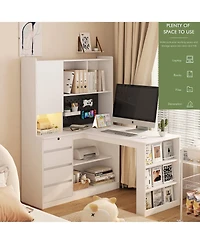 Boyel Living L Shaped Desk with Charger Computer Desk with Drawers Bookshelf with Led Light Modern Corner Desk Home Office Desk