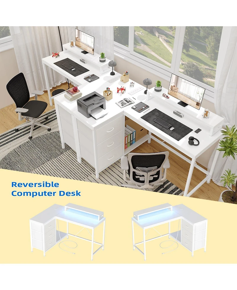 homfan L Shaped Computer Desk with Power Outlets and Led Lights - 3 Drawers, Storage Shelves, Monitor Stand