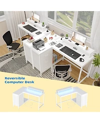 homfan L Shaped Computer Desk with Power Outlets and Led Lights - 3 Drawers, Storage Shelves, Monitor Stand