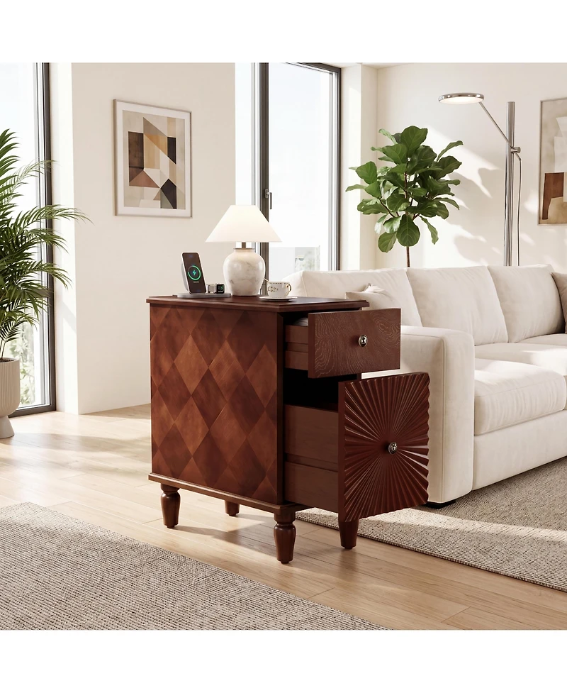sumyeg Modern Slim Side Table with 2 Drawers Narrow Nightstand