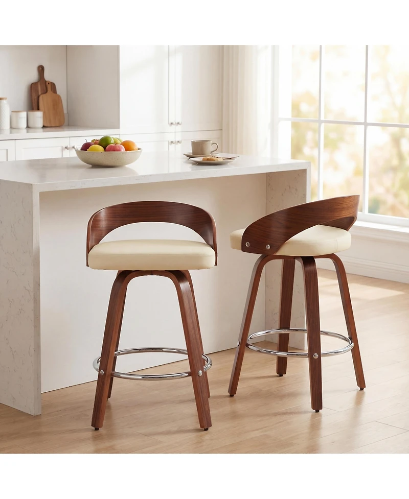 Casainc Set of 2 Swivel Wood Bar Stools with Low Back and Cushioned Seat, 25'' Height
