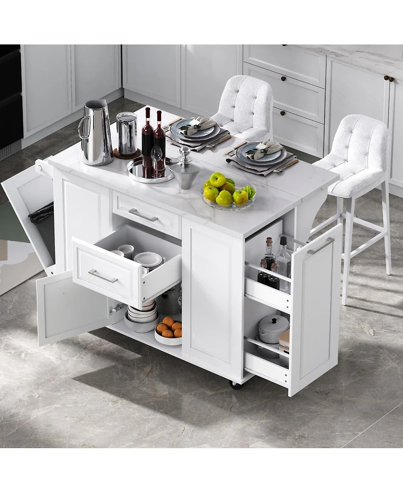 Streamdale Furniture 50.7" Rolling Kitchen Island with Tilt Trash Can, Storage, and Drop Leaf