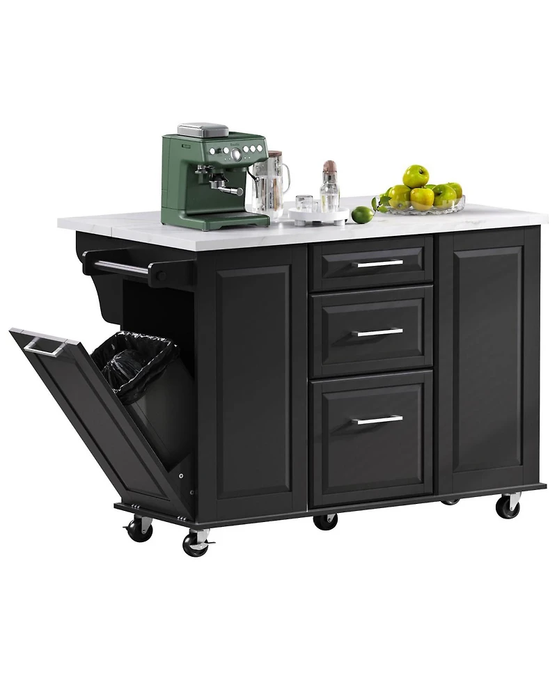 Streamdale Furniture 50.7" Rolling Kitchen Island with Tilt Trash Can, Drop Leaf