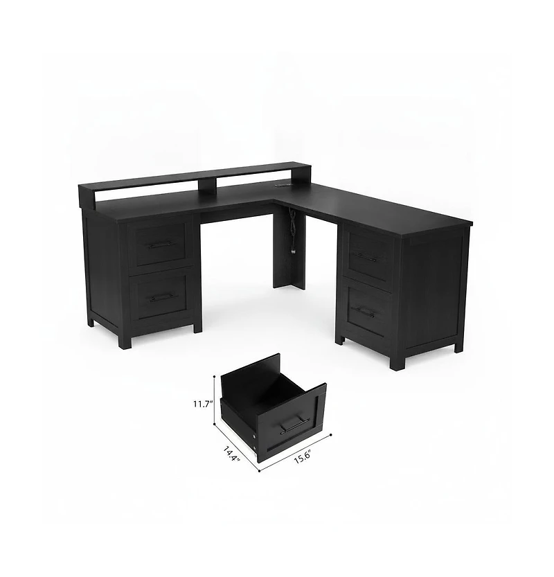 gaomon 63" Farmhouse L-Shaped Executive Desk with 4 File Drawers, Power Outlet and Monitor Stand