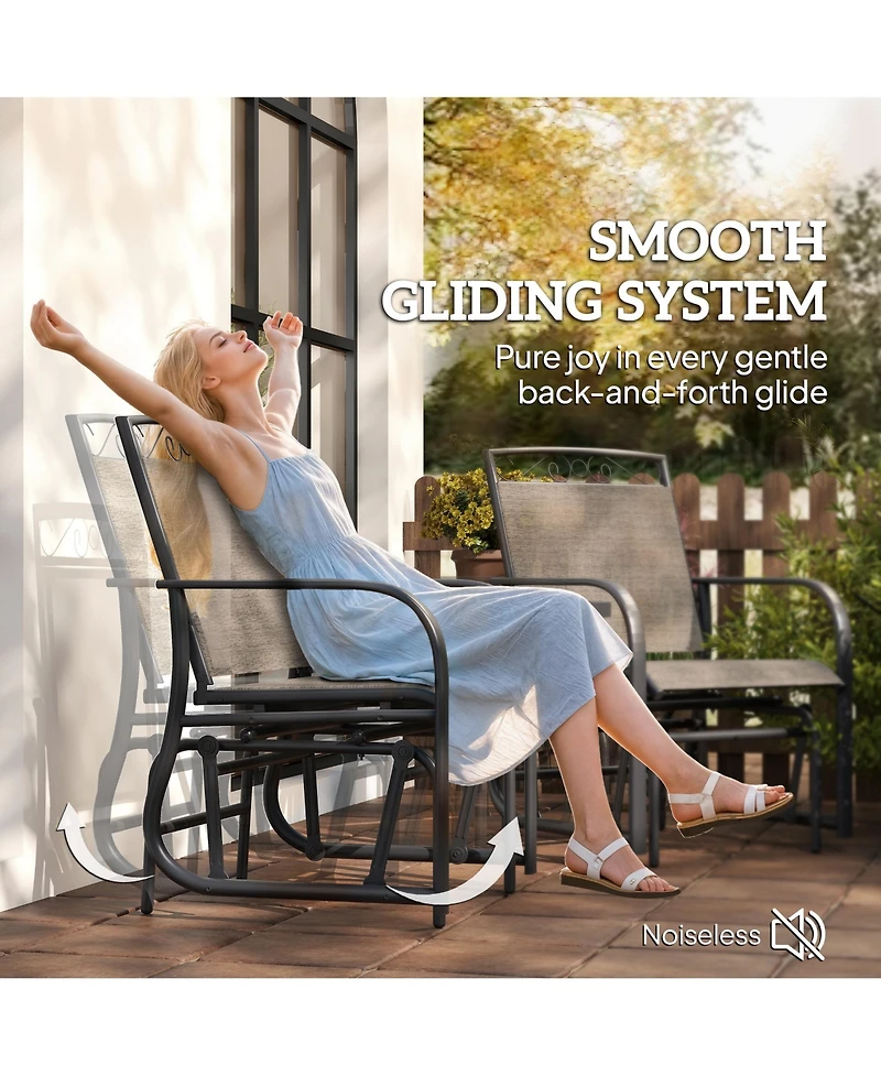 Outsunny Outdoor Glider Chairs with Coffee Table, Patio 2-Seat Rocking Chair Swing with Breathable Sling for Backyard, Garden and Porch, Brown