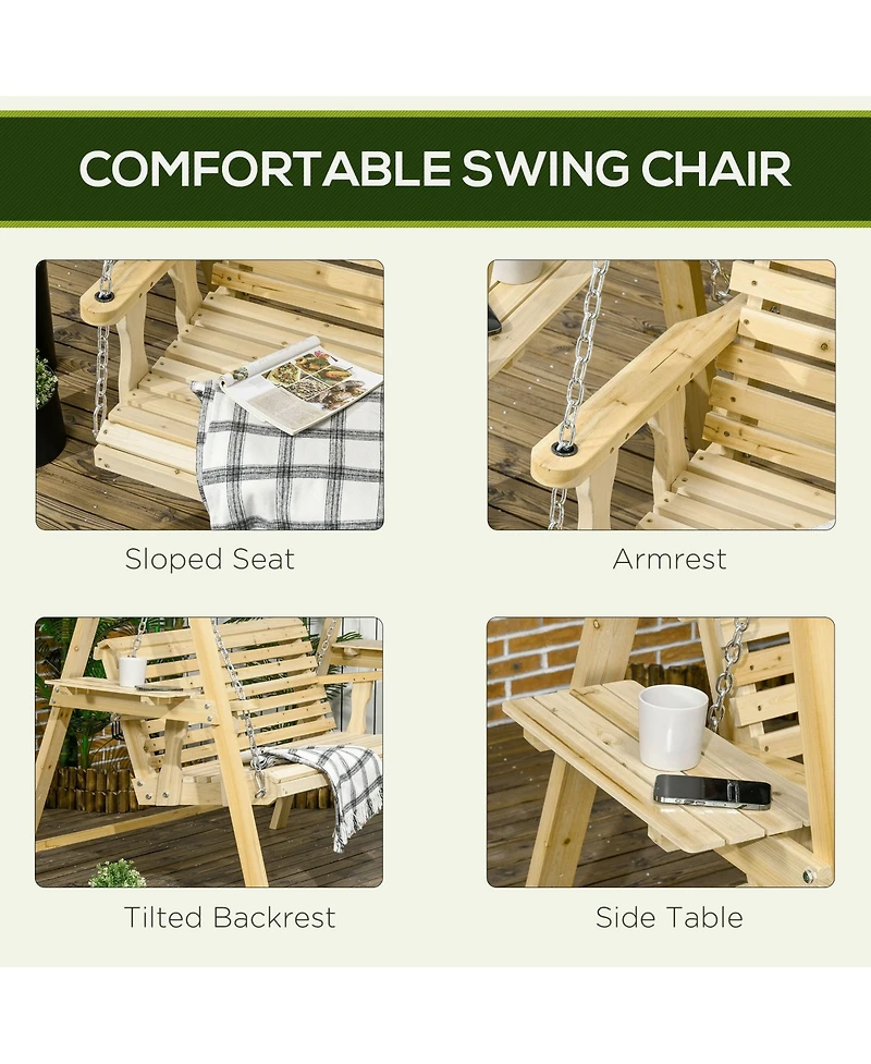 Outsunny 2-Seat Porch Swing Loveseat with Stand and Side Tables, Wooden Patio Swing Chair, for Garden, Poolside, Backyard