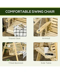 Outsunny 2-Seat Porch Swing Loveseat with Stand and Side Tables, Wooden Patio Swing Chair, for Garden, Poolside, Backyard