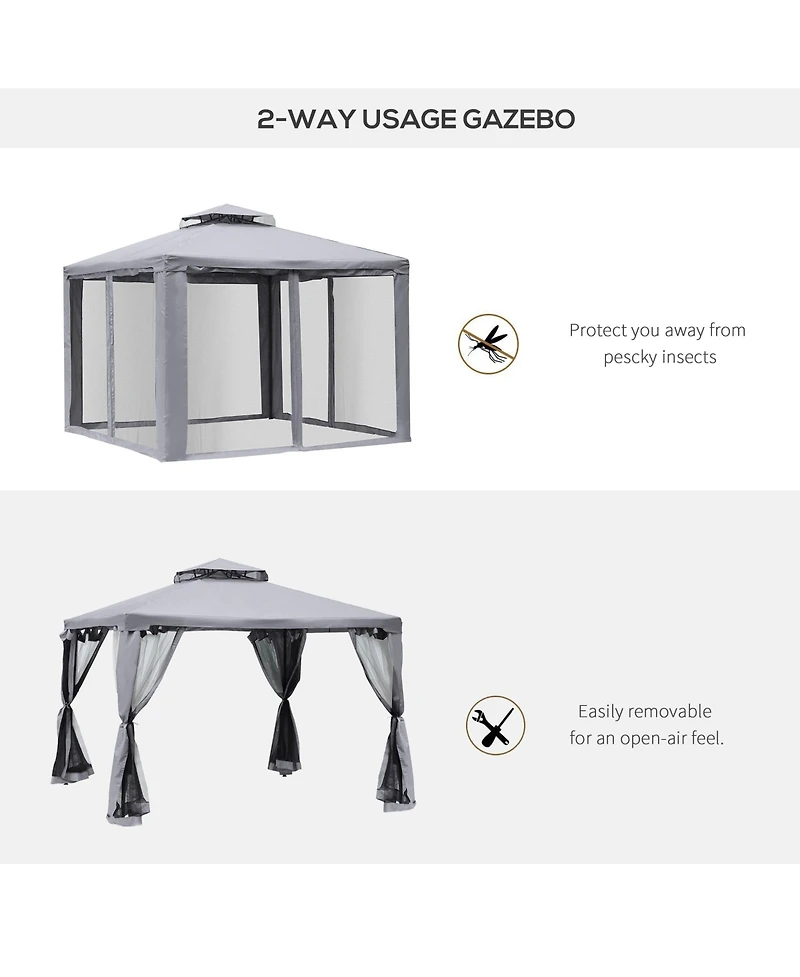 Outsunny 10' x 10' Patio Gazebo Outdoor Canopy Shelter with 2-Tier Roof and Netting, Steel Frame for Garden, Lawn, Backyard and Deck, Grey