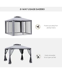 Outsunny 10' x 10' Patio Gazebo Outdoor Canopy Shelter with 2-Tier Roof and Netting, Steel Frame for Garden, Lawn, Backyard and Deck, Grey