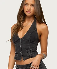 Edikted Women's Sashe Button Up Denim Halter Top