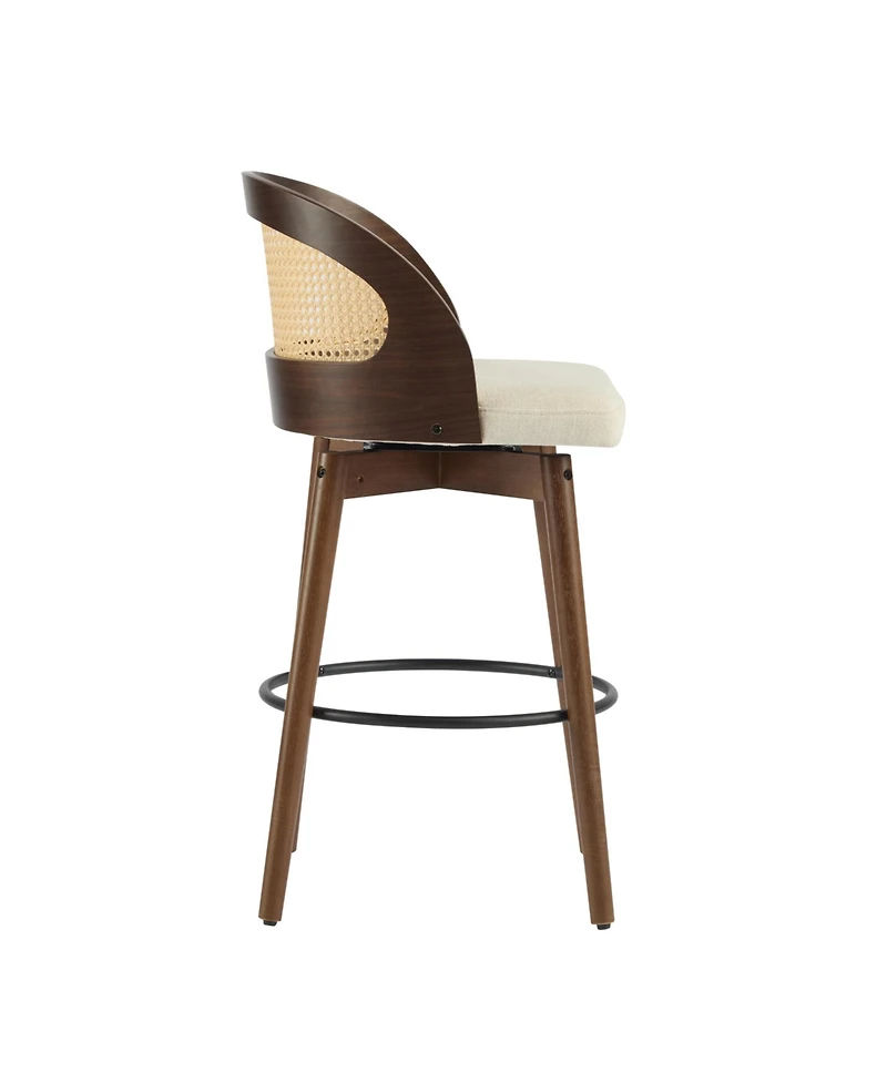 Maison Boucle Swivel Counter Height Bar Stools Set of 2, Solid Wood Rubberwood Frame, Walnut Finish, Fabric Upholstered Seat, Rattan Backrest