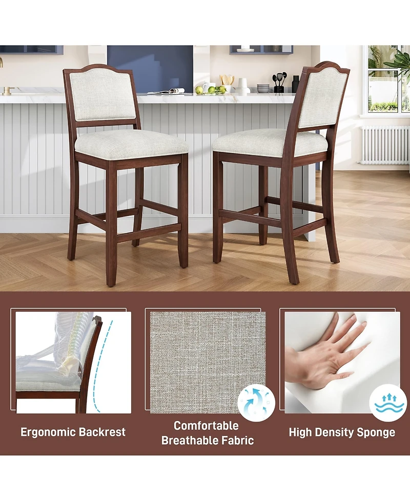 Maison Boucle Counter Height Bar Stools Set of 2, Solid Wood Frame, Upholstered Seat And Back, Curved Backrest, Kitchen Island Seating