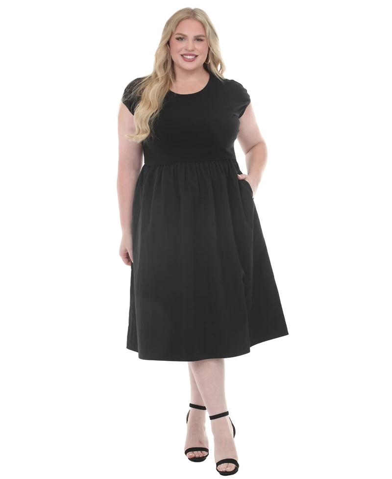 White Mark Plus Ultrasoft Cotton Knit to Woven Midi Dress